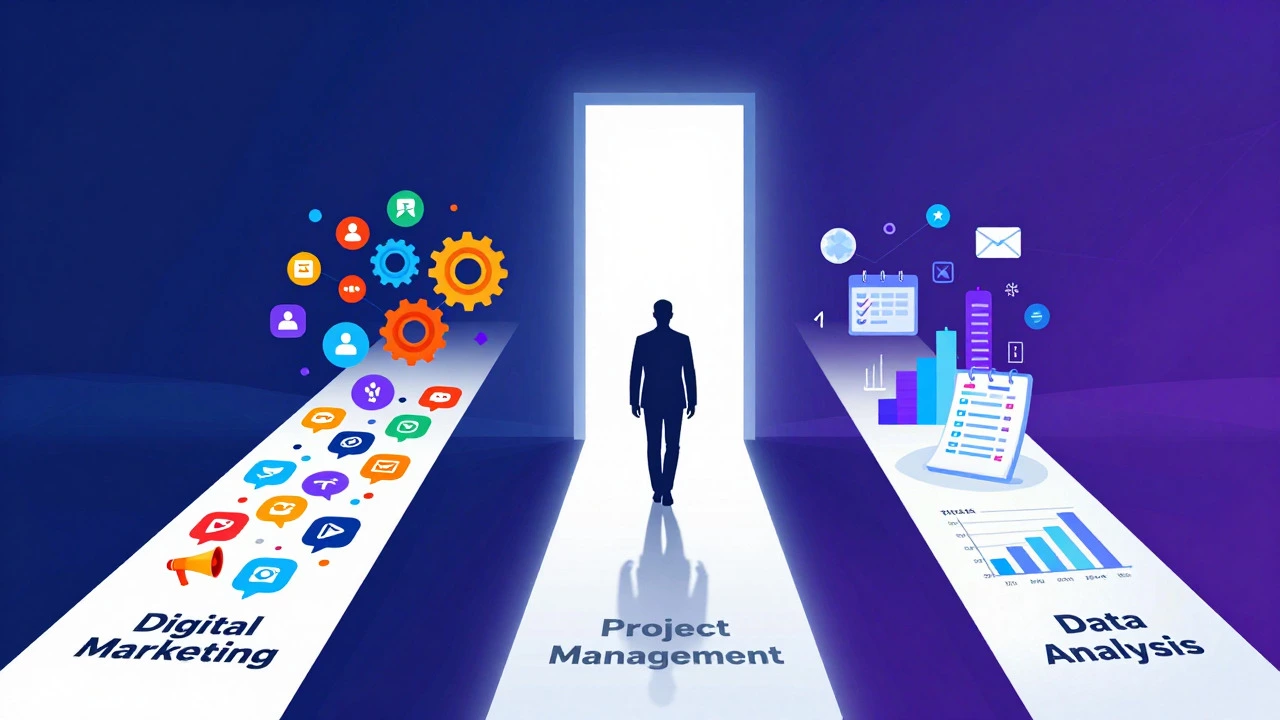Illustration of three career paths merging into one professional opportunity