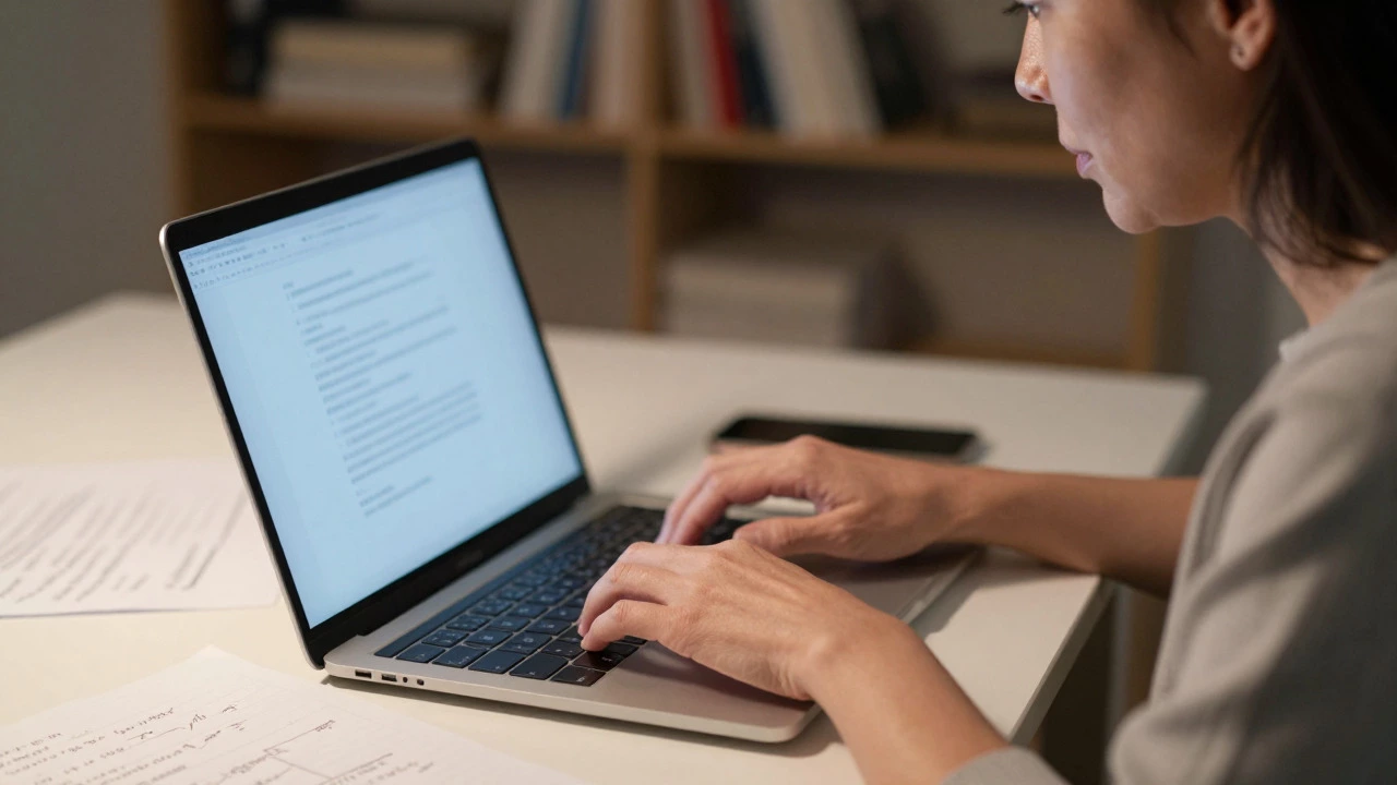 Middle-aged woman focused on self-directed learning and problem-solving in a home office