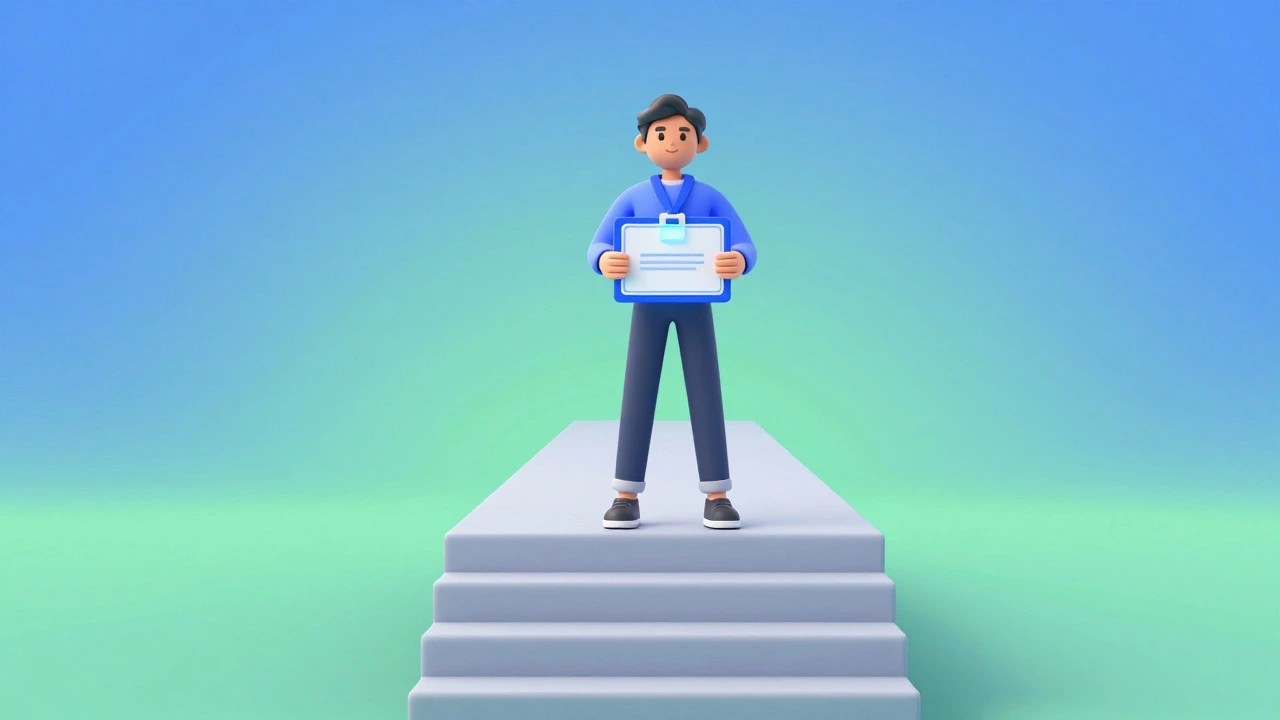 Person holding a glowing digital certificate at the top of stairs