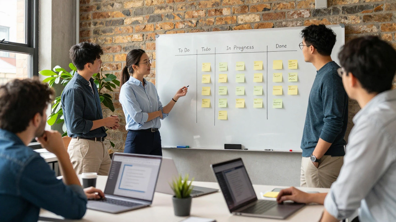Project manager leading an agile scrum meeting with sticky notes