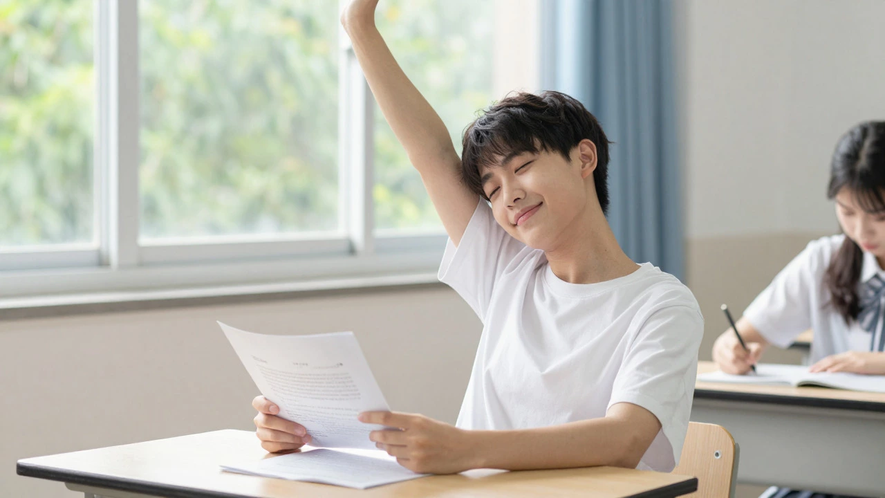 Relieved student smiling after finishing a GCSE exam in a bright room