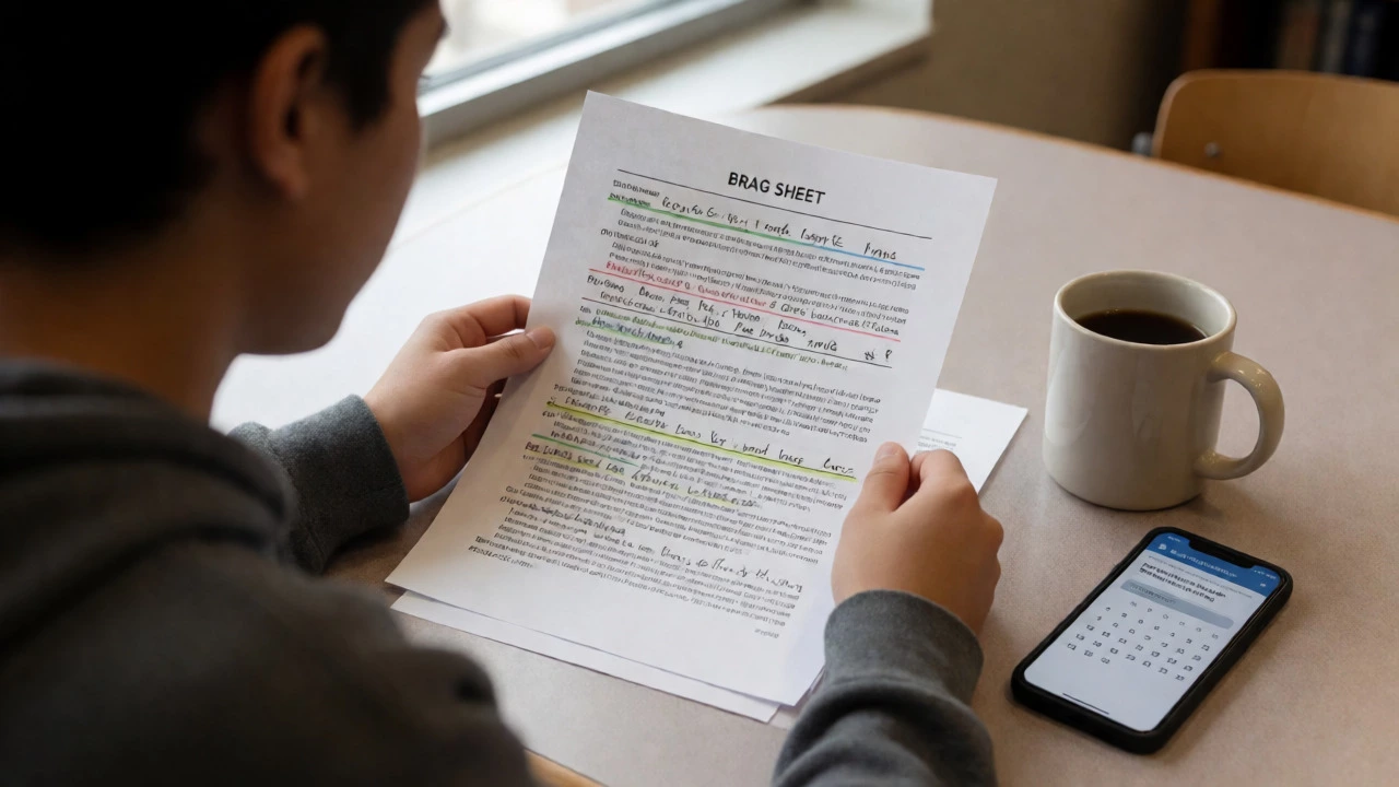 Student reviewing edited essay drafts and brag sheets in a library