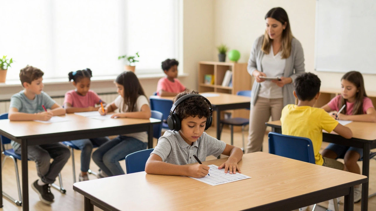 Students in an inclusive classroom with one wearing headphones