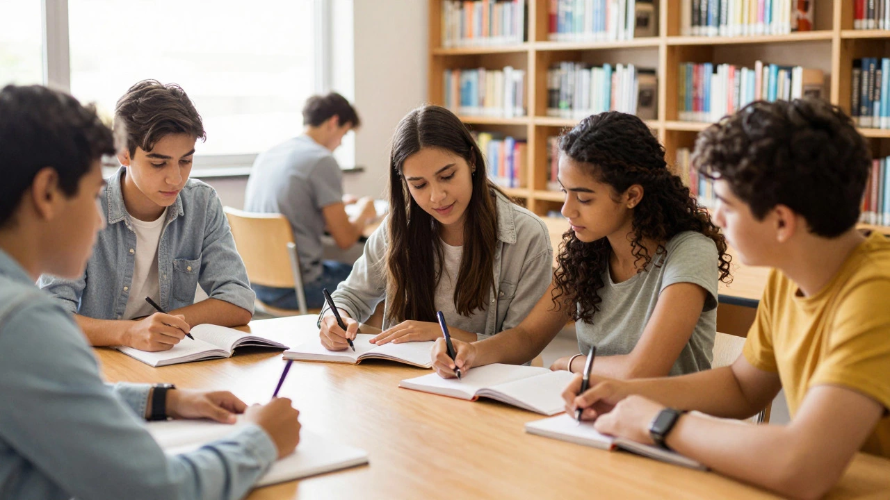 Students studying together in a bright library setting