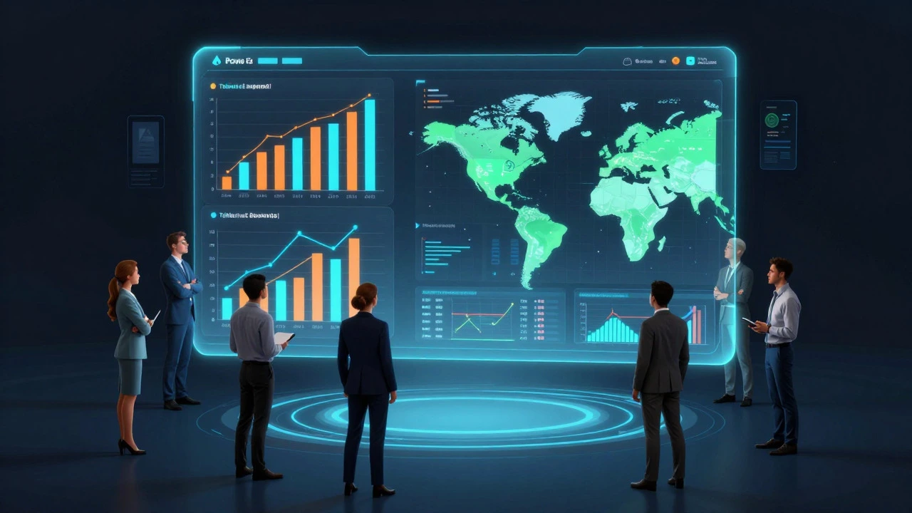 Team analyzing glowing holographic data dashboards in a dark room