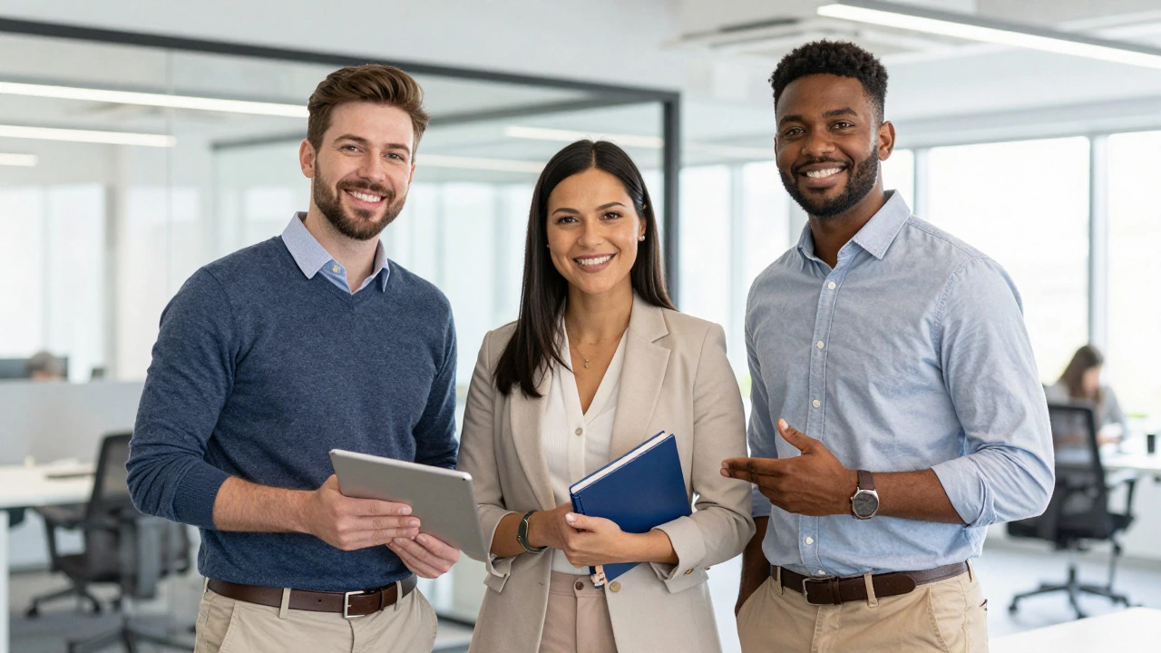 Three happy professionals standing together in a modern office