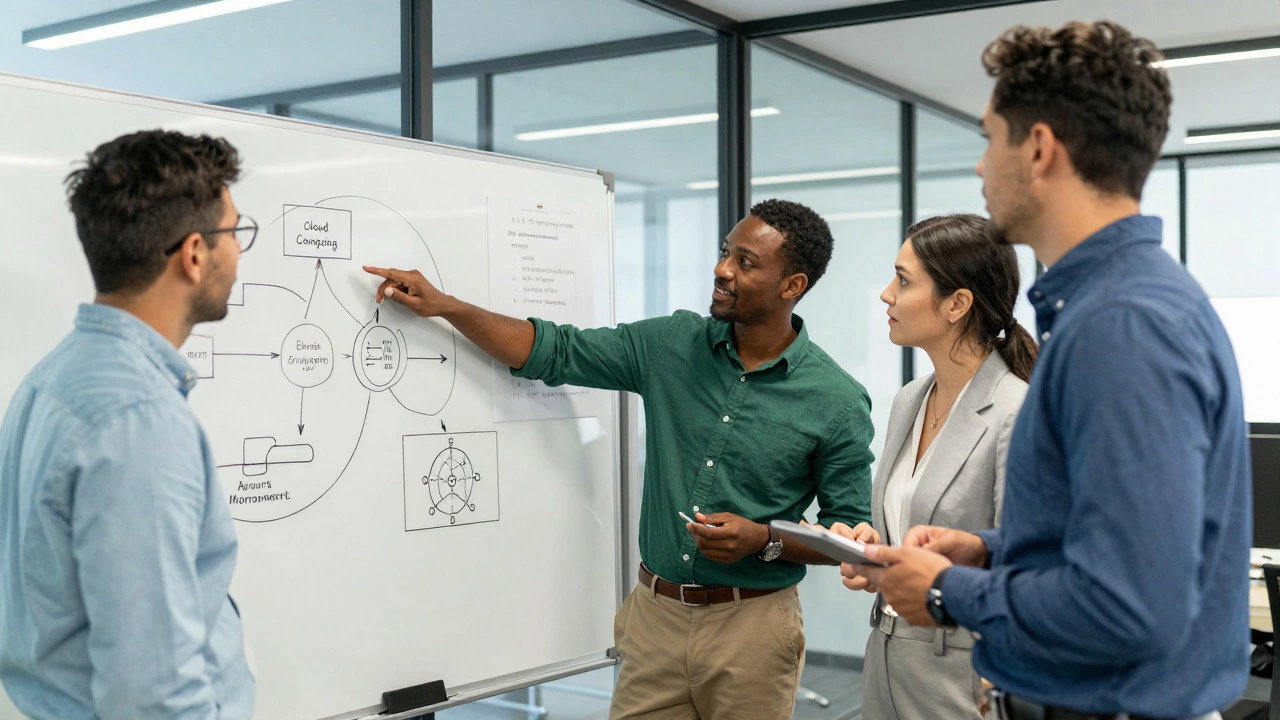 Three professionals collaborating on a project in a modern office