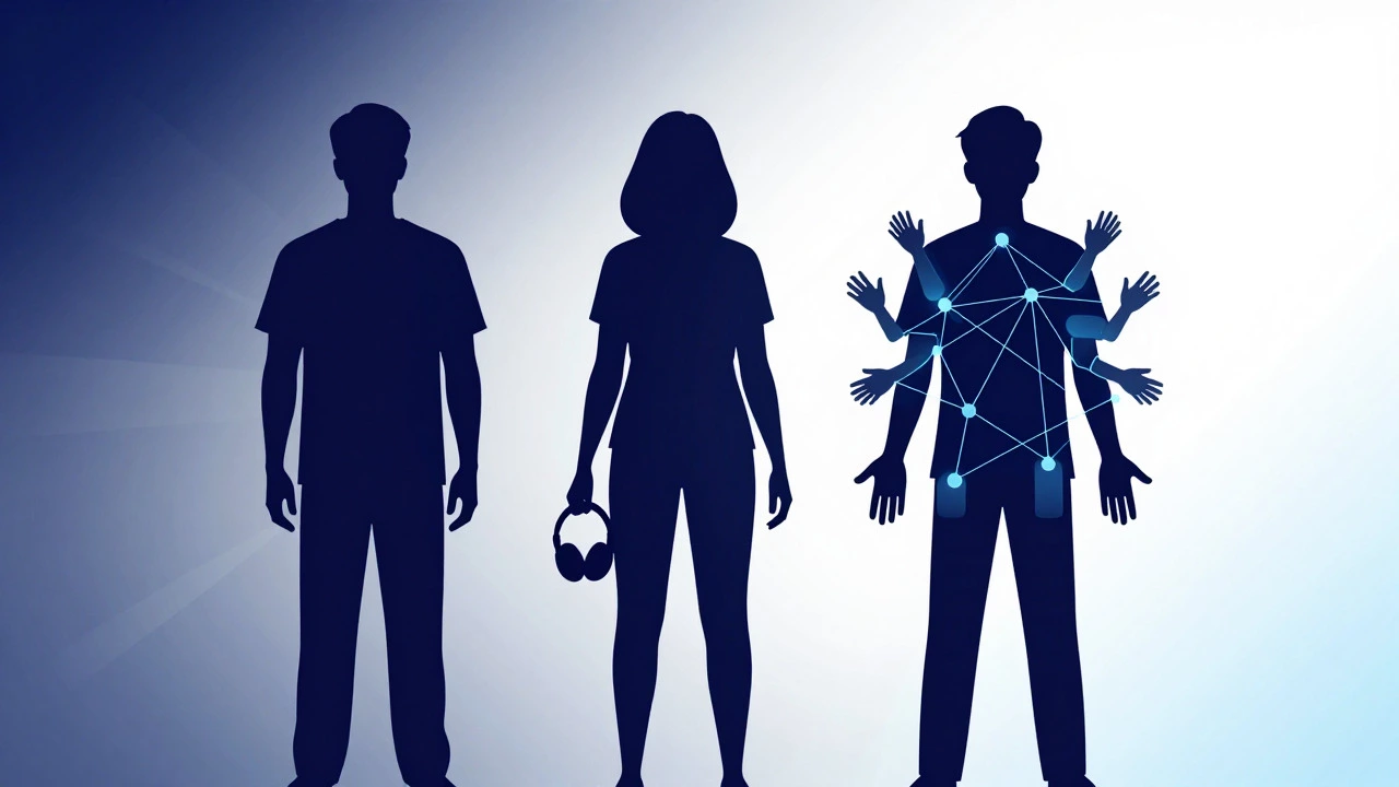 Three silhouettes representing different levels of autism support needs