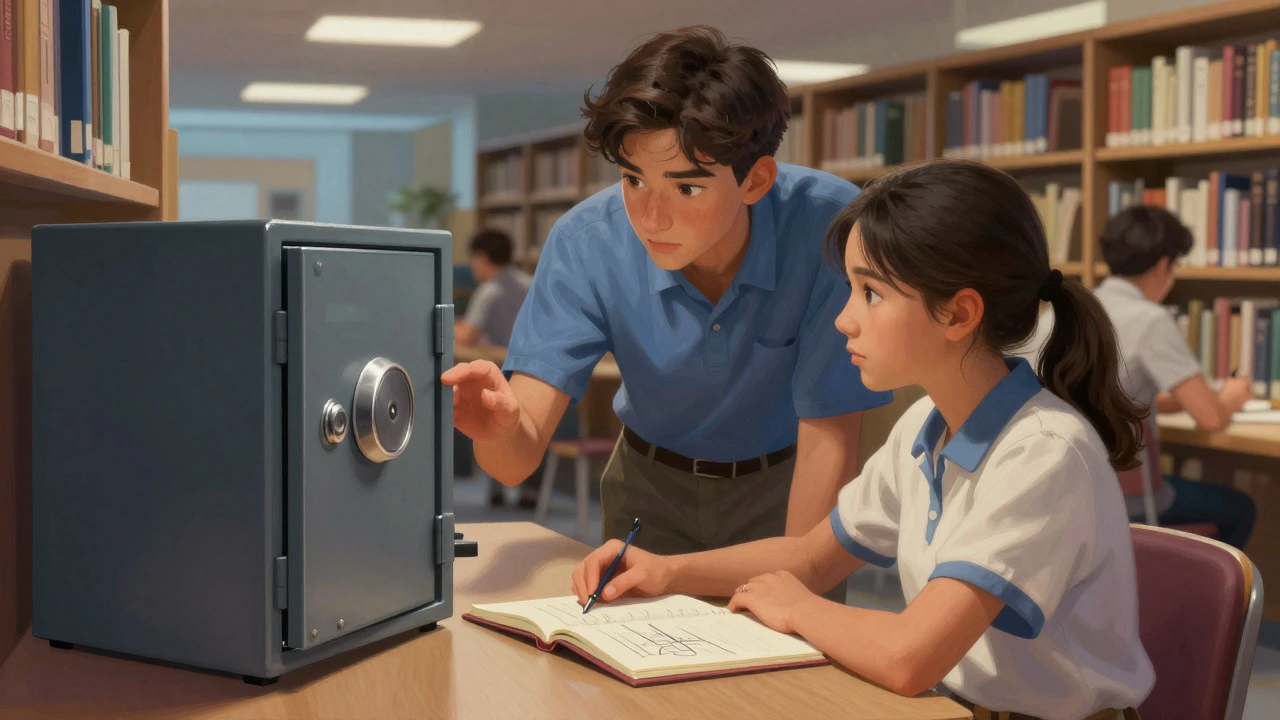 Two students studying together quietly at a table in a public library.