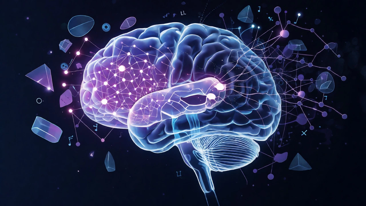 Abstract illustration of a brain showing inefficient neural pathways for language.