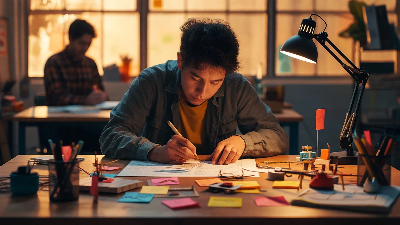 Adult learner autonomously solving a problem at a cluttered desk