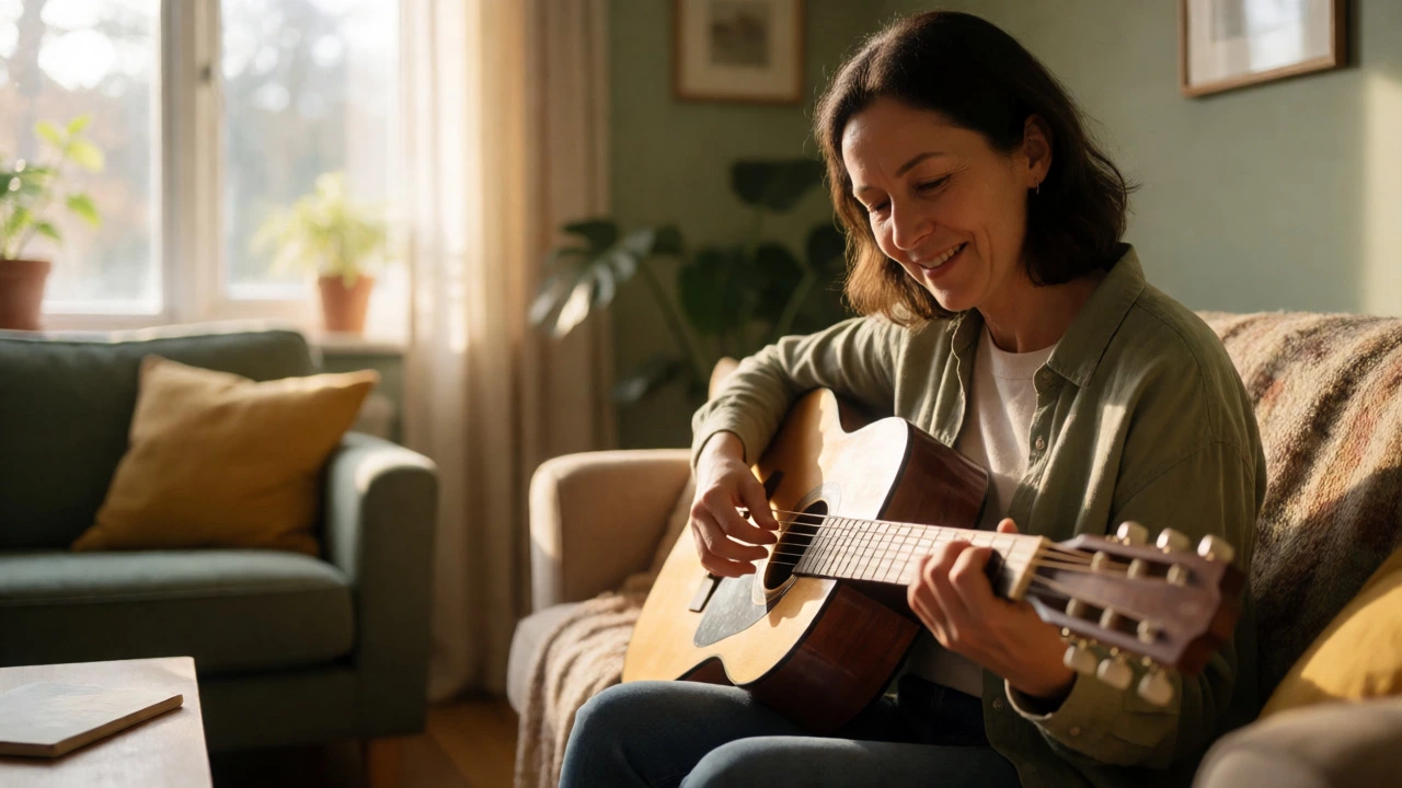 Adult woman practicing guitar in a sunlit living room, demonstrating active learning.