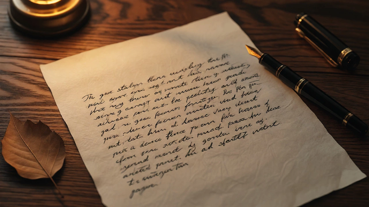 Close-up of a handwritten essay on textured paper with a fountain pen and lamp