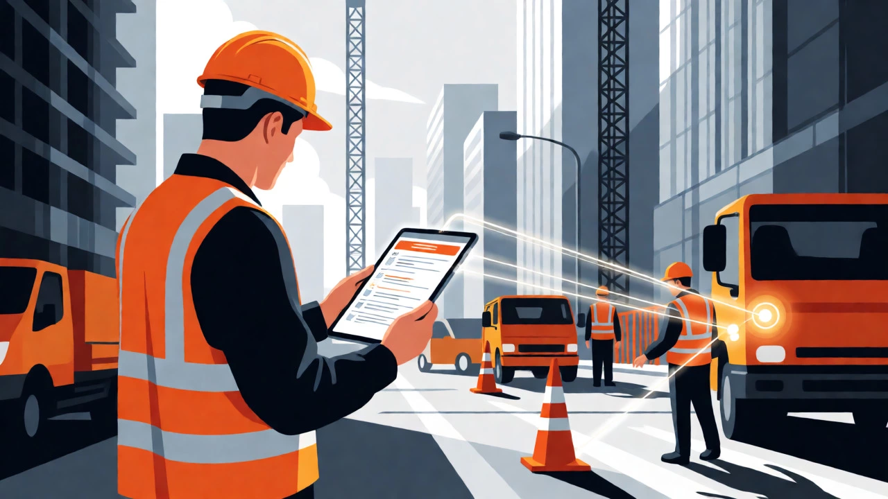 Construction worker using a tablet with AR safety overlays on a busy job site.