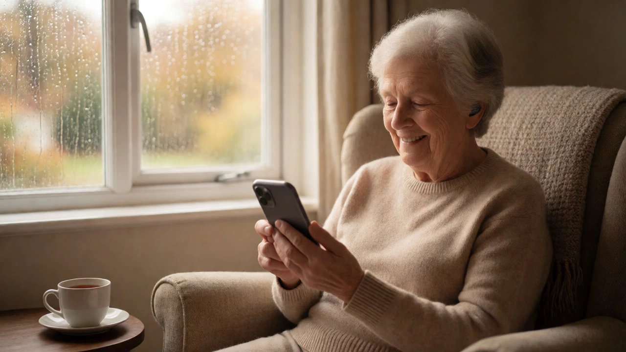 Elderly woman listening to educational audio on her phone in a cozy home setting.
