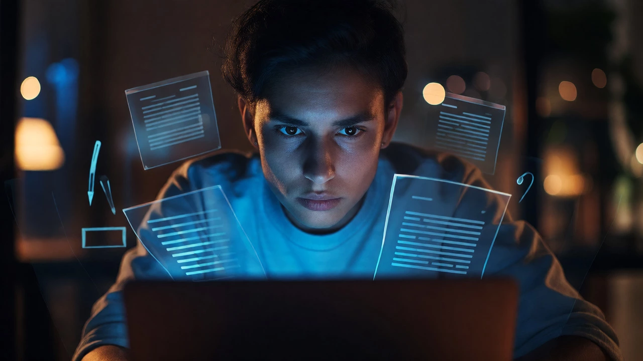 Focused freelancer illuminated by laptop screen glow at night