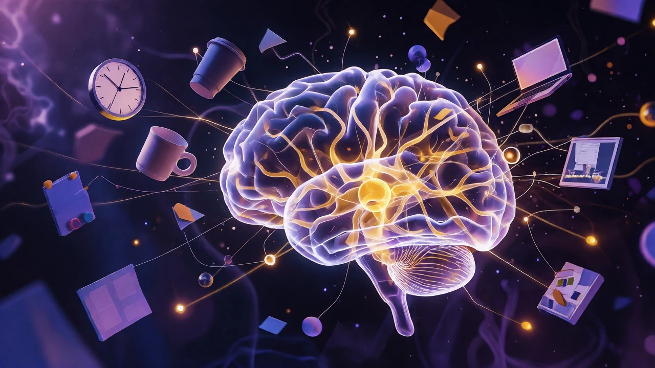 Glowing neural pathways in a brain integrating life experiences conceptually