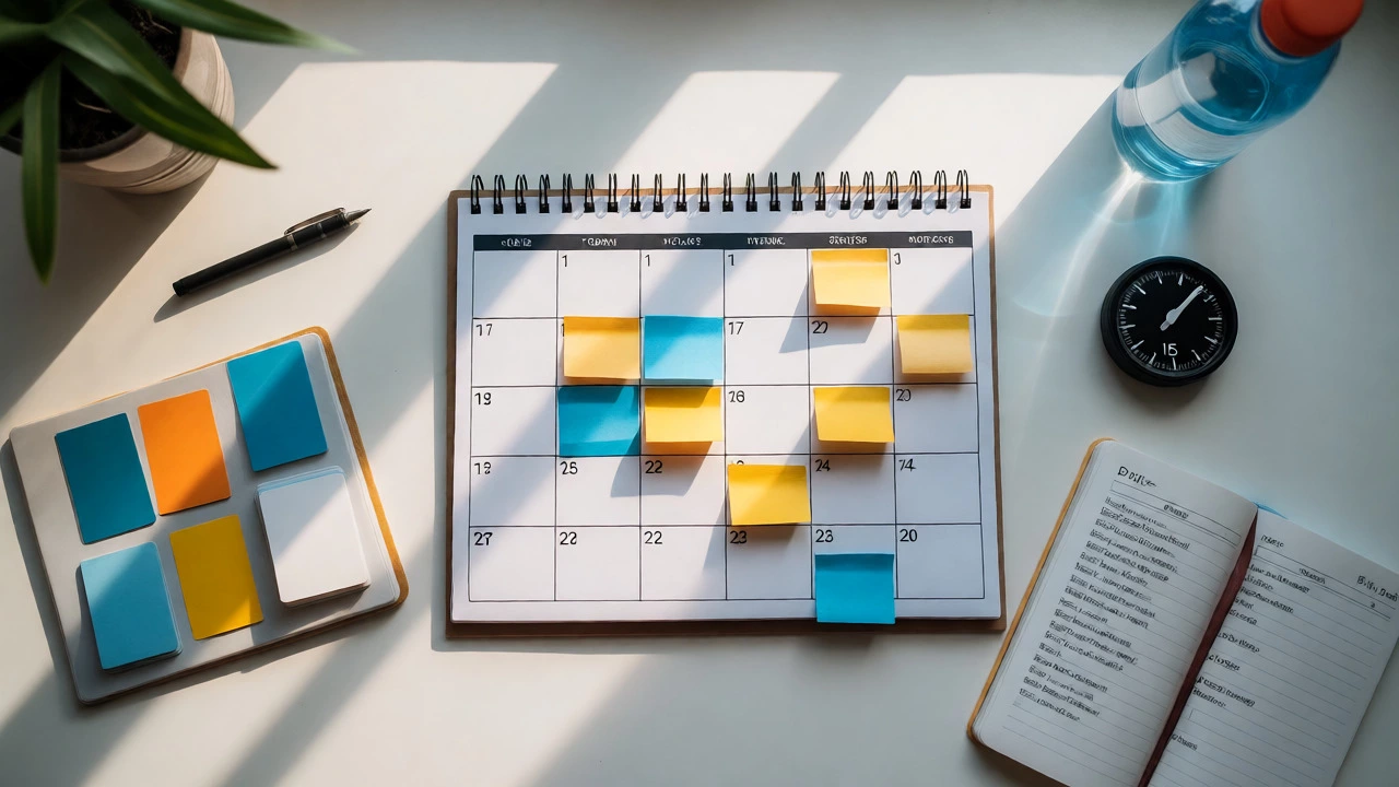 Organized desk with calendar and flashcards showing structured revision.