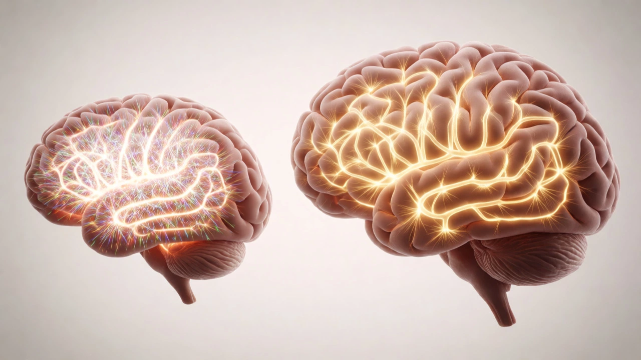 Side-by-side conceptual comparison of child and adult brain neural activity.