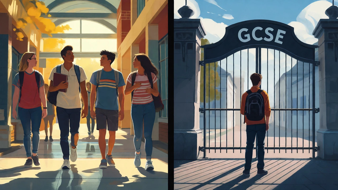 Split view comparing continuous US schooling with UK GCSE checkpoint