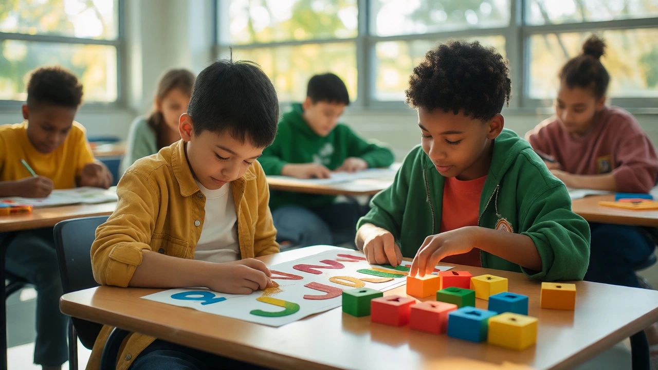 Students using multisensory learning tools in a bright, supportive classroom.