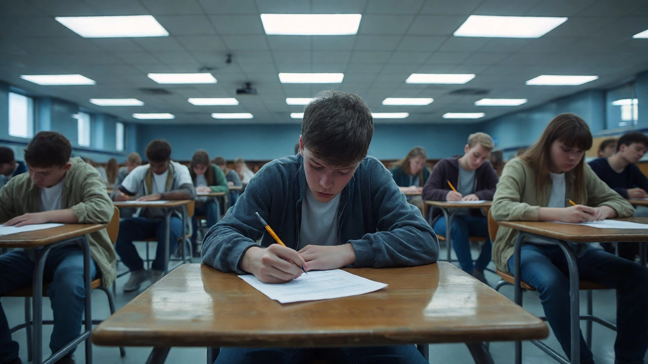 Teenagers taking high-stakes written exams in a quiet UK examination hall