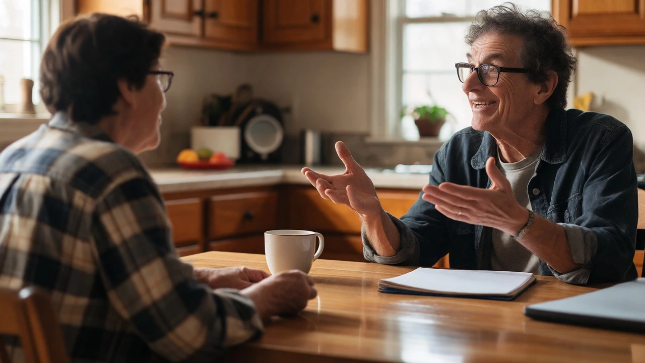 Two adults discussing ideas at a kitchen table in a collaborative setting