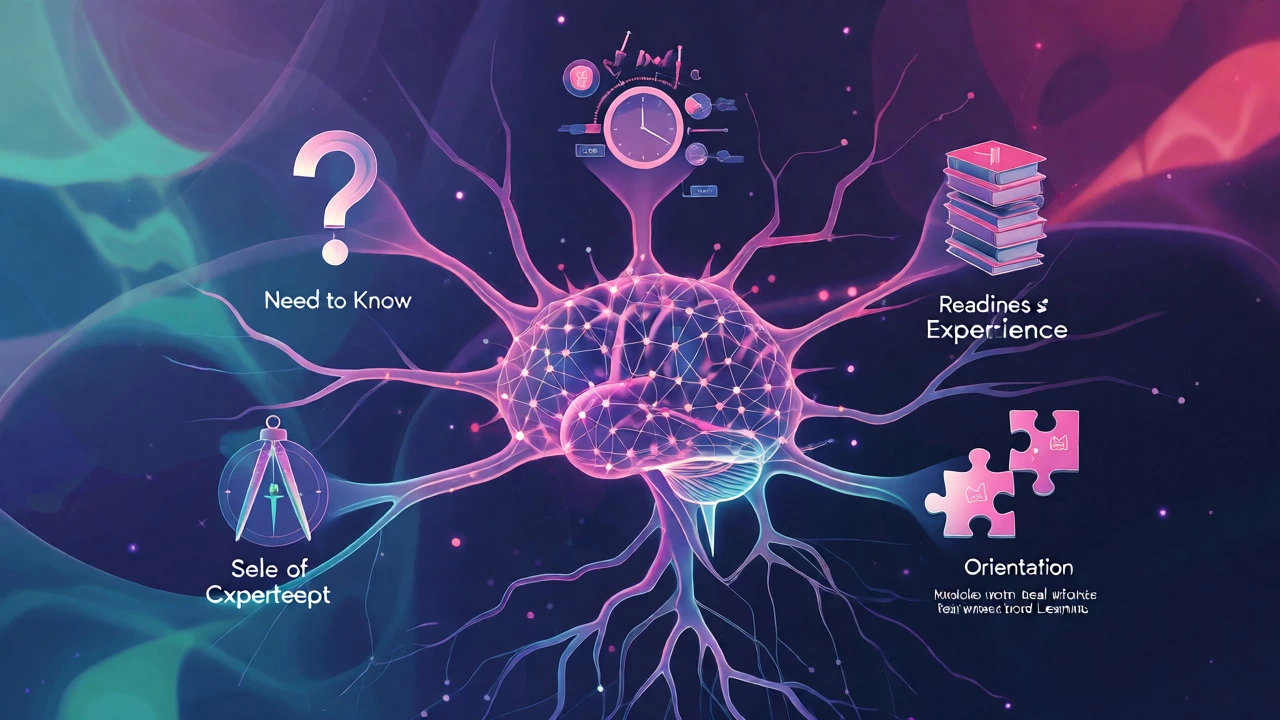 Abstract visualization of five key principles guiding adult educational psychology and cognitive processes.