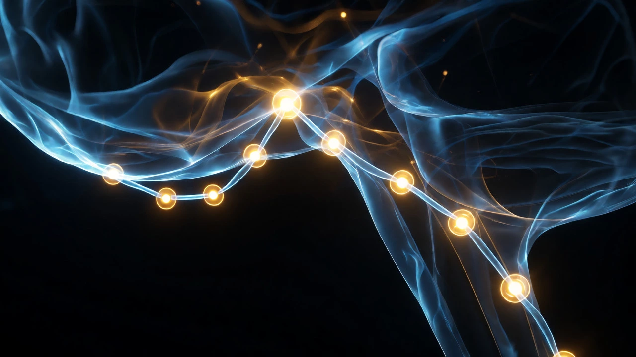 Abstract visualization of spaced repetition reinforcing neural pathways with golden nodes.