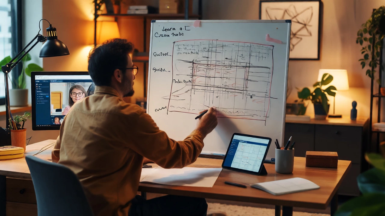 Adult professional actively applying new skills in a home office setting with digital collaboration tools.