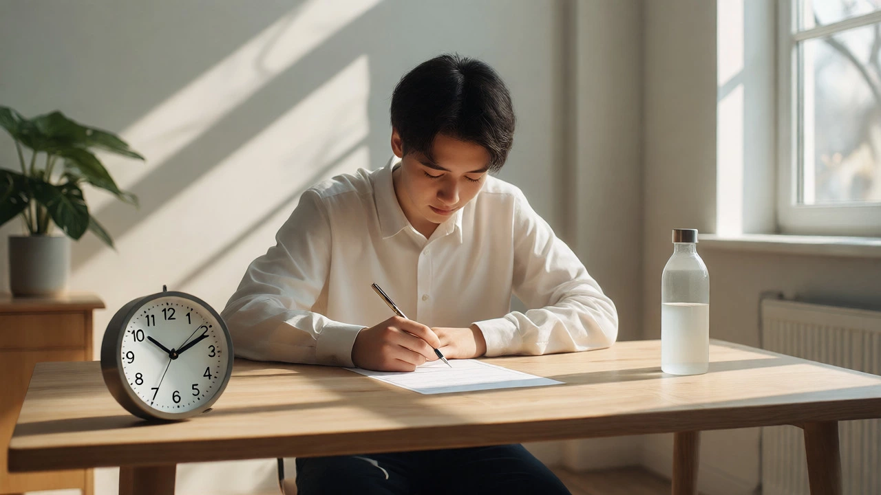 Calm student taking a timed practice exam at a bright, minimalist desk with an analog clock.