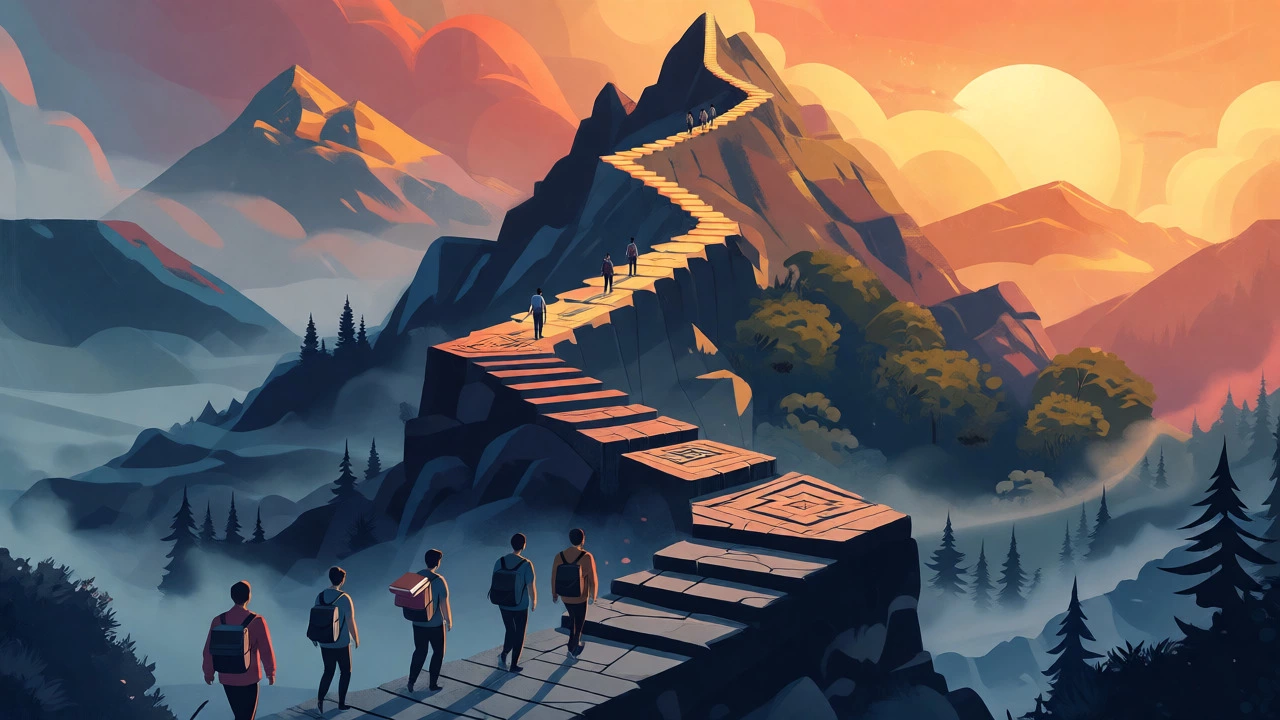 Conceptual illustration of students climbing a three-phase mountain path towards success.