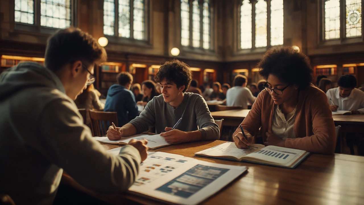 Diverse students studying various subjects collaboratively in a university library.