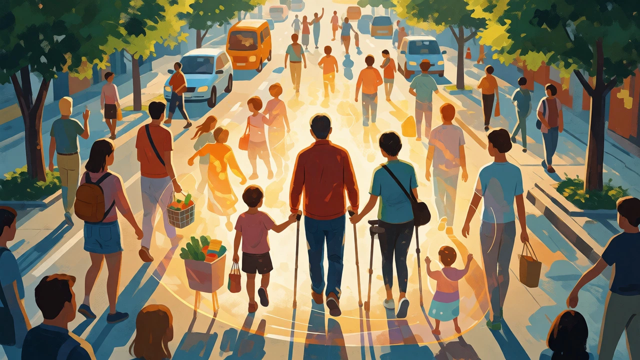 Family walking confidently in a park surrounded by a supportive community