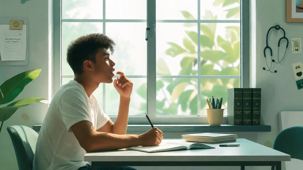 Focused student practicing active recall in a bright room, surrounded by study materials.