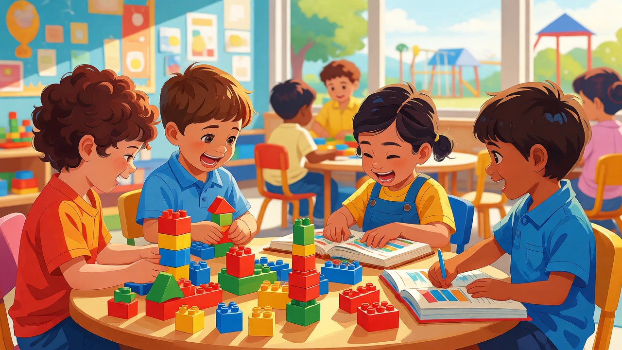 Four-year-olds playing with blocks in a sunny pre-K classroom