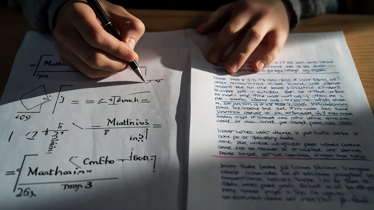 Hands writing math equations and essays side-by-side on a desk