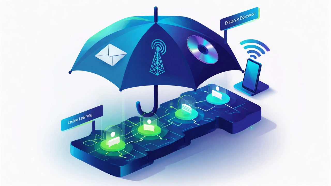 Isometric illustration showing online learning as a digital subset within broader distance education.