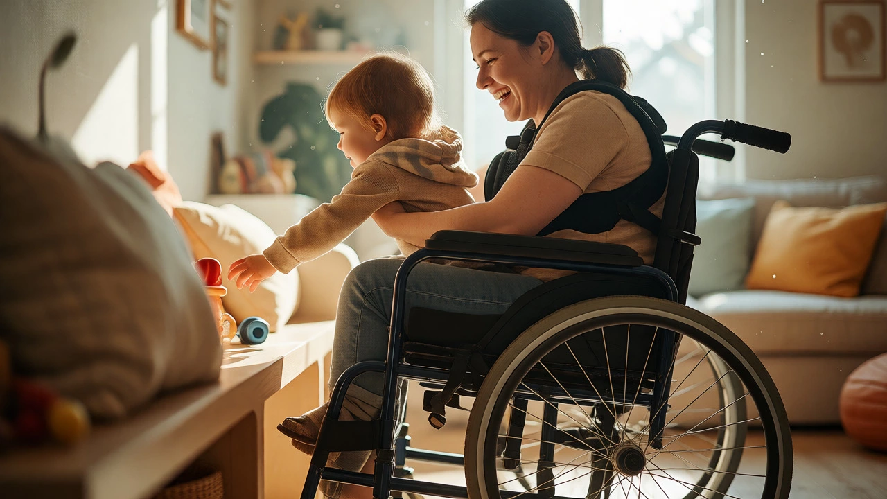 Mother in wheelchair playing with toddler using adaptive equipment at home