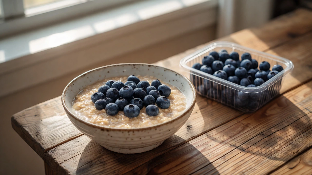 Oatmeal bowl topped with fresh blueberries on a sunny table
