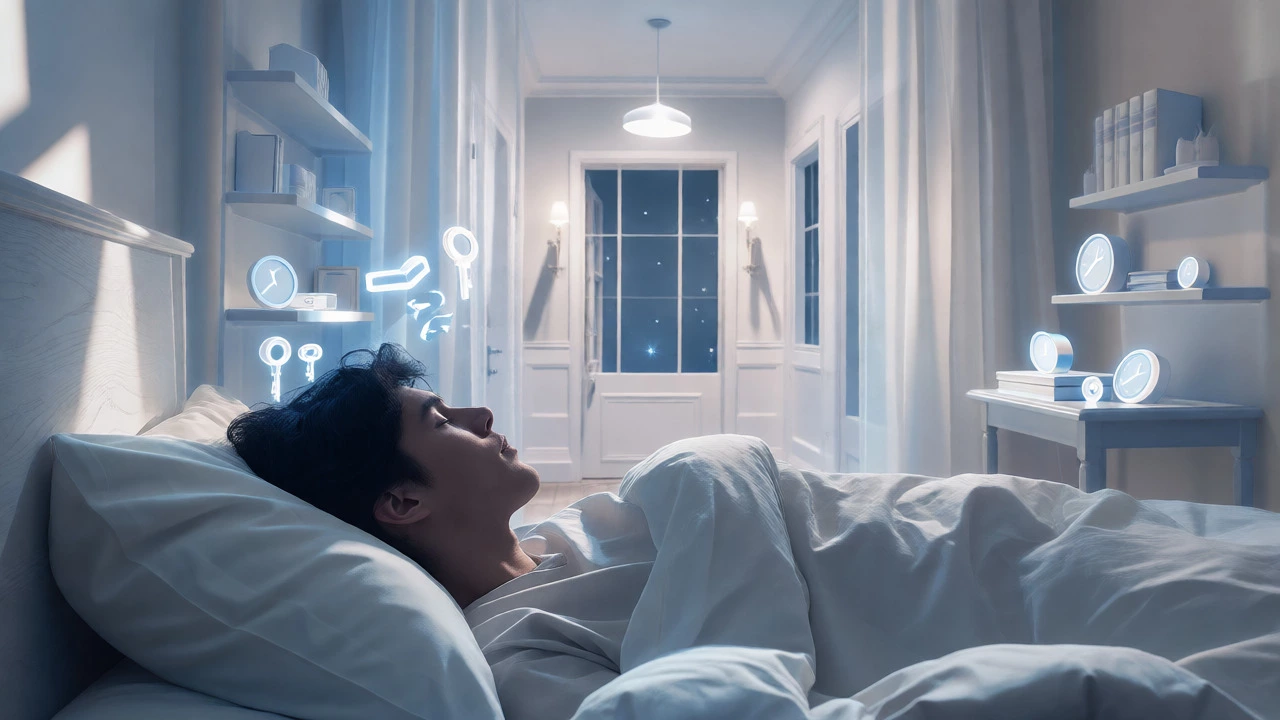 Sleeping person with dreamlike memory palace icons floating above, symbolizing consolidation.
