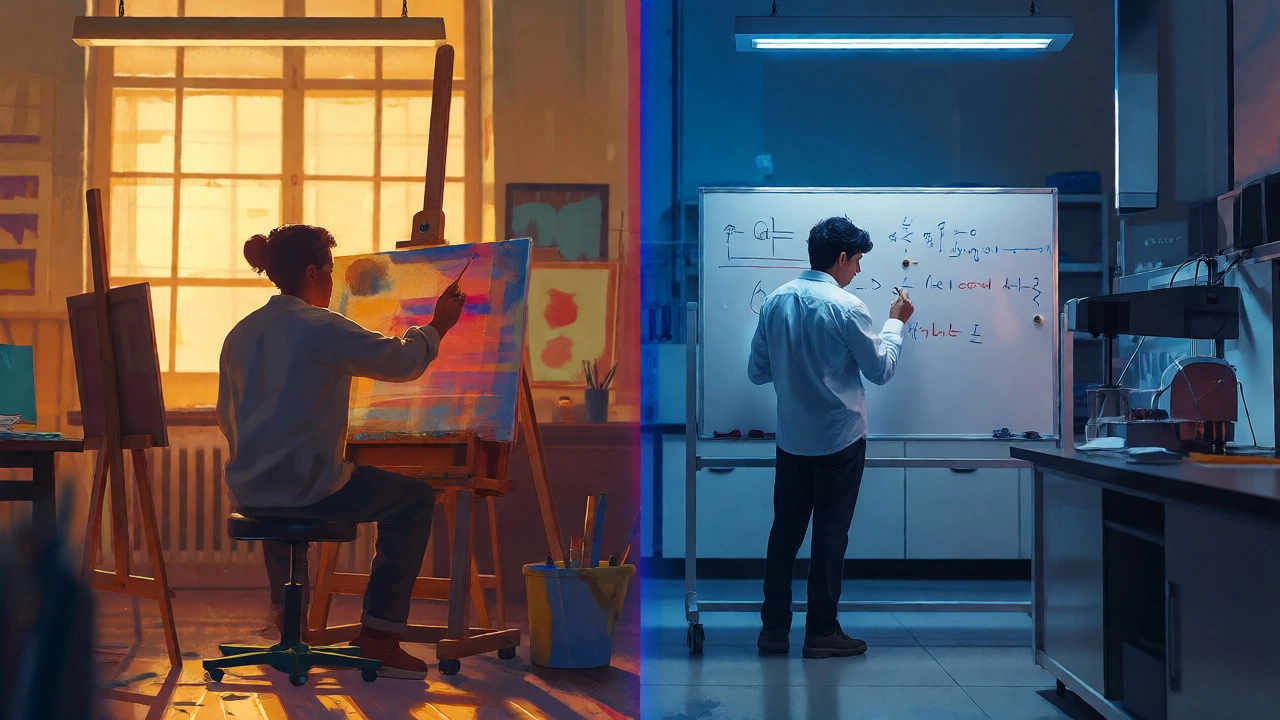 Split view contrasting an art studio with a physics lab to show subject differences.