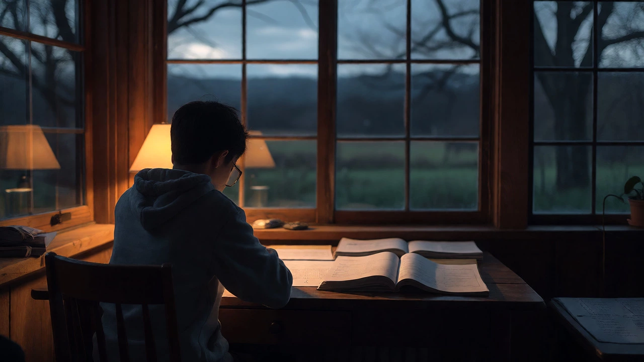 Student studying offline with printed materials in a dimly lit, cozy home office at night.